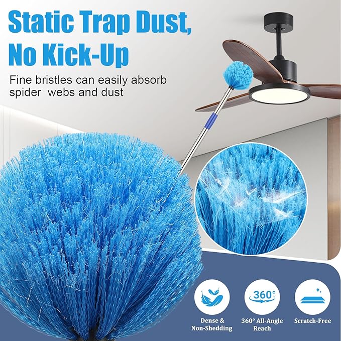 Duster Cobweb Duster with Extension Pole Medium Stiff Bristles Cobweb Duster Head &amp 6-Feet Stainless Steel Pole Ceiling Fan Duster for Outdoor Indoor Cleaning