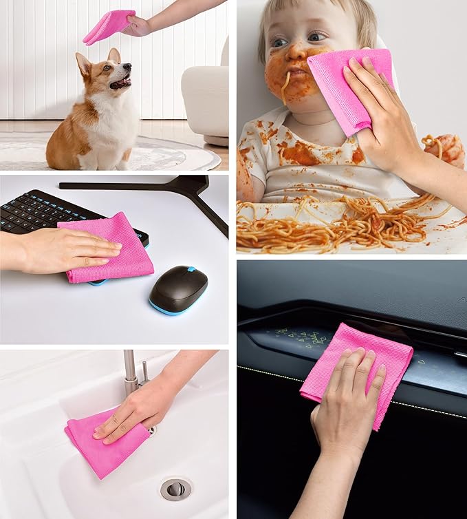 KitchLife Microfiber Cleaning Cloth Roll 100 Pack - Tear-Away Microfiber Paper Towels Lint-Free Reusable Washable for Kitchen Car Dishes and Sensitive Surfaces (Hot Pink)