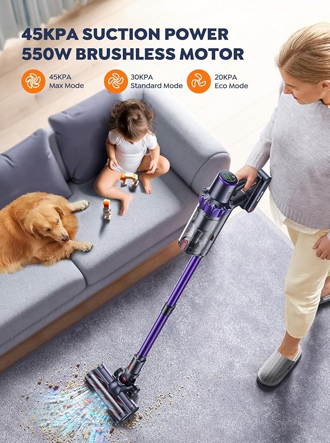 Cordless Vacuum Cleaner 2 Batteries 110 Mins Runtime Vacuum Cleaners for Home 45KPA 550W Stick Vacuum with Brushless Motor Automatically Adjust Suction Handheld Vacuum for Pet Hair/Carpet/Floor
