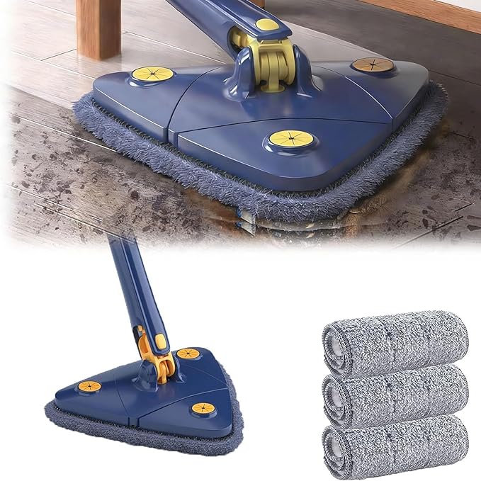 360° Triangular Spin MopTriangle Mop with Long Handle Cleaning Spin Rotatable Adjustable Long Window Squeegee 3 Reusable Washable Mop for Floor/Ceiling/Glass/Car 12027(Blue)