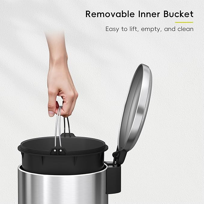 EKO Serene 5L / 1.32 Gallon Step Trash Can with Lid Small Stainless Steel Round Garbage Can with Removable Inner Bucket Compact Bin for Powder Rooms Offices &amp Tight Bathroom Spaces.