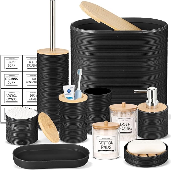 IMAVO Bathroom Accessory Set-11Pcs Black Bathroom Accessories Set with Trash CanSoap DispenserSoap DishToothbrush HolderToothbrush CupToilet Brush HolderQtip Holder Dispenser with Labels