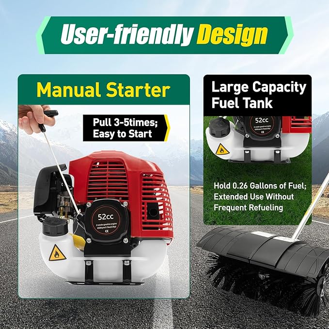 2-Stroke 1700W Gas Power Snow Sweeping Broom52cc Handheld SweeperSingle Cylinder Walk Behind Handheld SweeperCleaning Driveway Turf Lawns Power Brush Lawn Sweeper Cleaner Tools
