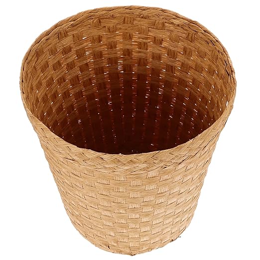 Woven Trash Bin Natural Straw Wastebasket Multi-Function Handwoven Paper Basket for Bathroom Office Desk Storage Organizer