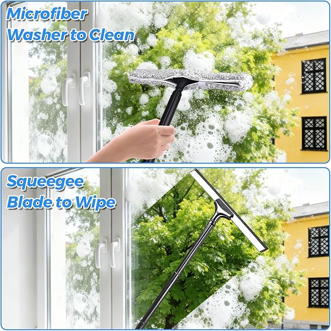 Window Squeegee for Home 2 in 1 Window Washing kit with 57 Extension Pole Telescopic Shower Door Cleaner Tool Car Windshield Cleaning Long Handle for Glass Doors Floor Tile Wall 14 inch Wide