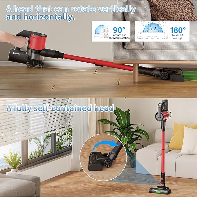 Hearten Cordless Vacuum CleanerUpgraded Stick Vacuum with LED Display Anti-Tangle Self-StandingAnti-TangleLightweightVacuum Cleaner for Home Pet Hair Carpet Hardwood Floor (A-Red)