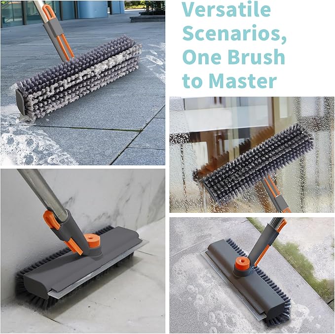 Floor Scrub Brush with Long Handle 3 in 1 Scrape and Heavy-Duty Stiff Bristle Scrubber Brush for Cleaning Shower Bathroom Patio Pool Garage Kitchen Wall and Deck (Gray 2 Pack)
