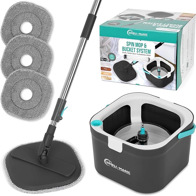 Simpli-Magic 360° Square Spin Mop and Bucket System – Dual Compartment Separate Clean &amp Dirty Water – 3 High-Absorbent Microfiber Washable Heads – All Types Floor Cleaning