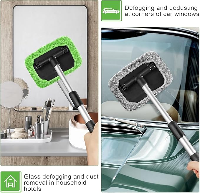 Extendable car Window Cleaner Upgraded with a Large Head and 4 Microfiber Pads Suitable for car interiors and Home Windows.