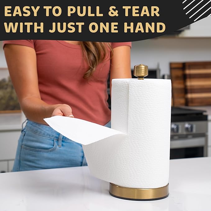 Heavy-Duty Stainless Steel Paper Towel Holder - Easy One-Handed Tear with Suction Cups - Modern Weighted Standing Countertop Dispenser for Kitchen - Holds All Paper Towel Rolls Gold
