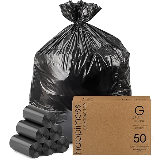 happimess HPM3000G-BLACK 50 Count 42-Gallon 3 Mil 32 in. W x 47 in. H Heavy Duty Contractor Trash Bags for Business Home Kitchen Commercial and Industrial (5-Rolls of 10 Bags)