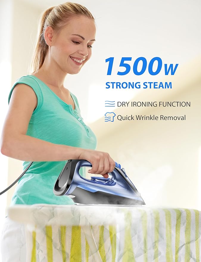 1500-Watt Steam Iron with Ceramic-Coated Soleplate and Burst Steam 3-Way Auto-Off Temperature Settings for Variable Fabric
