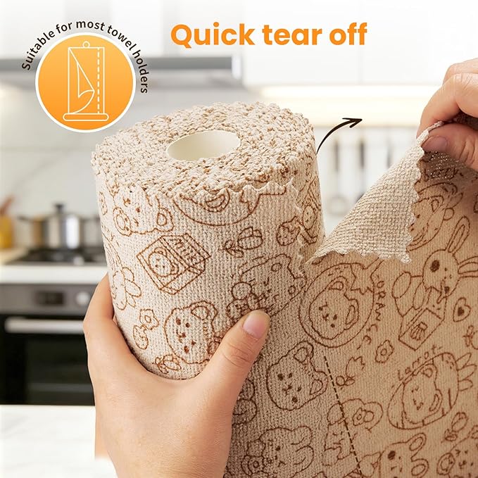 Microfiber Cleaning Cloth Roll 50-Count Reusable Durable Washable Absorbent Towels Lint-Free Non-Scratch Dish Rags for Kitchen &amp Housekeeping Car &amp Screen Brown Cute Bear Print 12x12 in