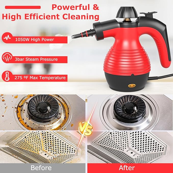 COSTWAY Handheld Steam Cleaner 1050W Portable Household Steamer with 9 Accessories 12 oz Water Tank Multipurpose Pressurized Steam Cleaning Machine for Floor Window Grease Grime (Red)