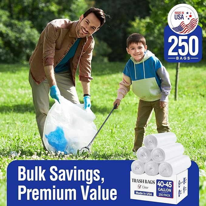 Delxo 40-45 Gallon Clear Trash Bags 250 Count – Medium Duty Garbage Bags Thick Durable &amp Puncture-Resistant Plastic – Made in USA for Kitchen Yard Office &amp Party