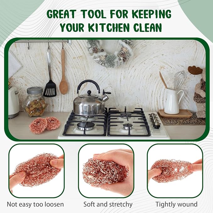 Yinkin 100 Pieces Stainless Steel Scrubber Bulk Steel Wool Scrubber Metal Sponge Wire Scouring Pad Heavy Duty Clean Dish Pot Pan and Oven for Kitchen Bathrooms and More (Copper)
