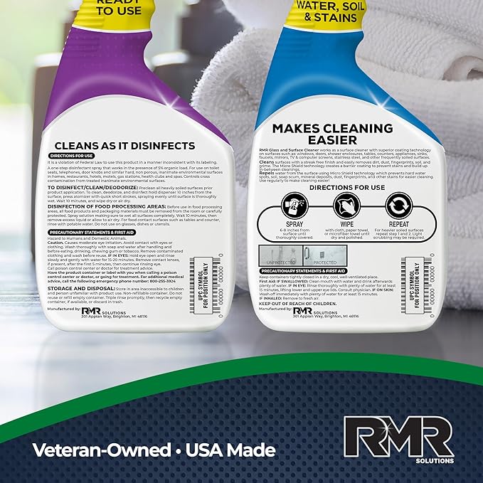 RMR Defend &amp Detail Duo – RMR-141 EPA Registered Mold &amp Mildew Spray + Glass &amp Surface Cleaner/Repellent 2-Step Clean &amp Protect System for Glass Tile Bathrooms Surfaces 2–32 Oz Bo