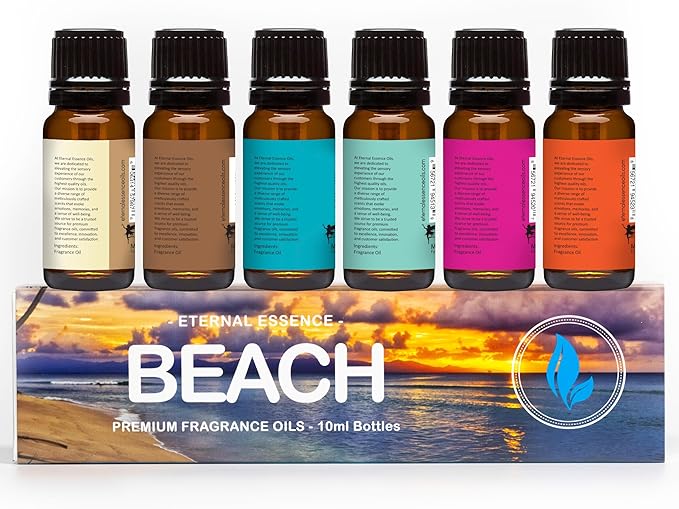Eternal Essence Oils Beach Set of 6 Premium Fragrance Oils - Includes White Sand Ocean Breeze Honolulu Sun Mermaid Caribbean Escape and Sun &amp Sand Scented Oils - 10ML