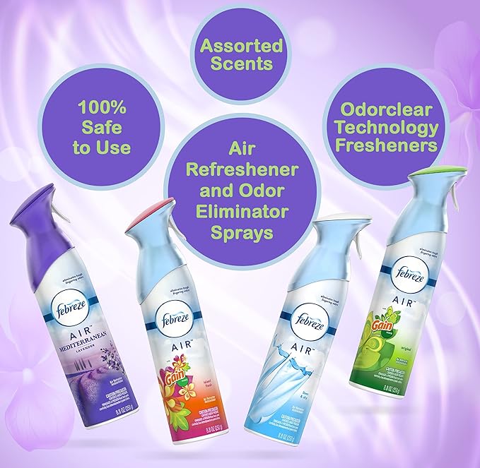 Febreze Air Freshener Odor Eliminator Spray Assorted Scent Febreze &amp Bathroom Deodorizer Original Island Fresh Linen Sky &amp Lavender 4 Pack
