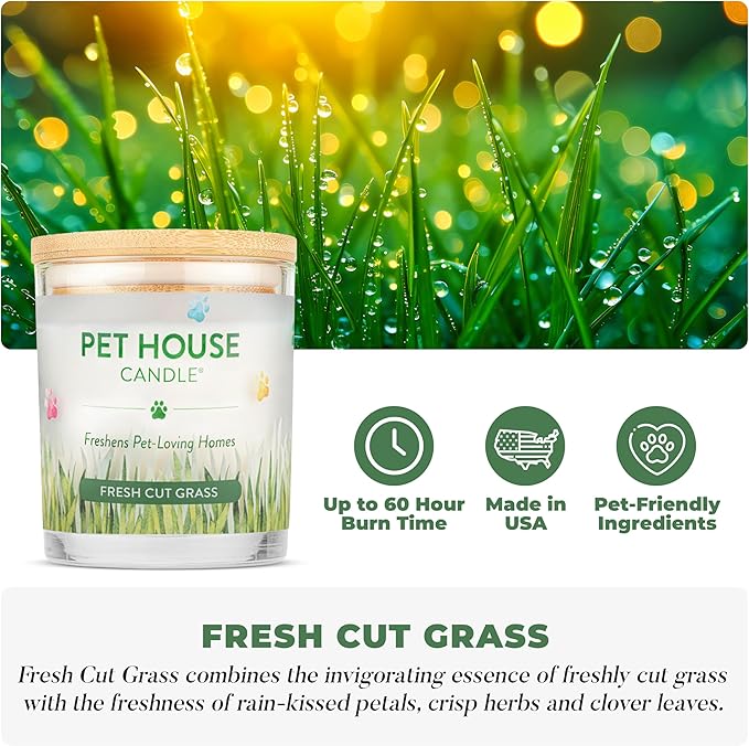 Pet House Candles 9 oz Fresh Cut Grass Scented Candle Clean Burning Long Lasting Plant-Based Pet Friendly Candle 60 Hour Burn Time