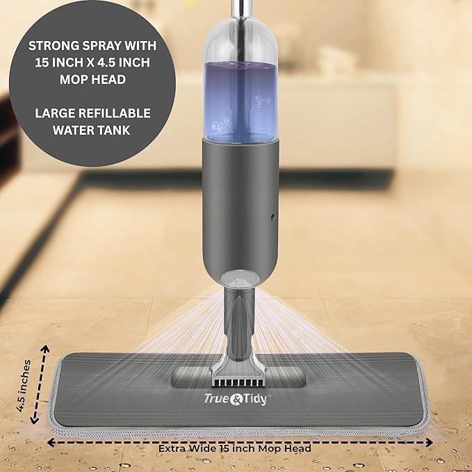 True &amp Tidy® SPRAY-250A Multi-Surface Spray Mop with Refillable Water Bottle Use Any Cleaning Solution Easy to Fill and Refill with Machine Washable Mop Pad (Gray)