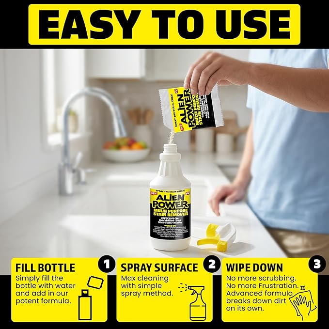 Alien Power Instant Stain Remover Spray for Mold and Mildew and Grout All Purpose No-Scrub Cleaner for Bathroom &amp Household Surfaces Tiles Wall &amp Washing Machines - 3 Packets (Makes 72 Fl O