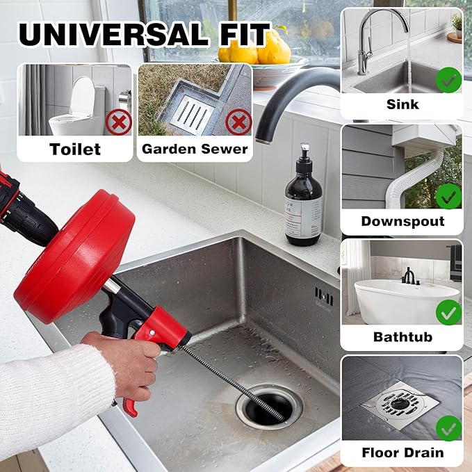 Drain Auger 16 Ft with Gloves Flexible Plumbing Snake Drain Auger Hair Clog Remover for Shower Bathtub Drain Bathroom Sink Kitchen Cleaning
