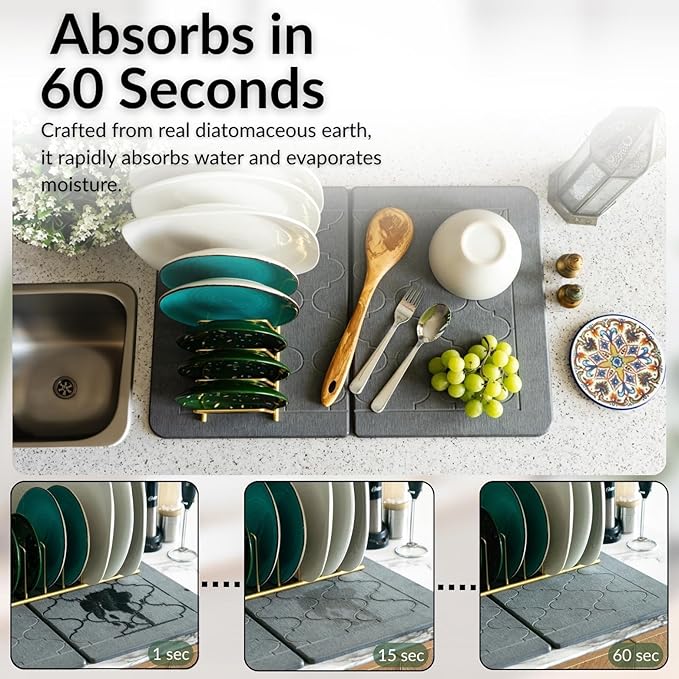 BARTEQ Large Stone Dish Drying Mat 23.6” X 15.4 Foldable Diatomaceous Drying Mat for Kitchen Counter Non-Slip Quick Drying Stone - Moroccan Trellis Grey