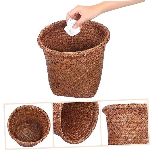 Healifty Natural Straw Woven Wastebasket Small Office Trash Container Open Top Practical Waste Paper Basket Storage Bin for Home and Bedroom