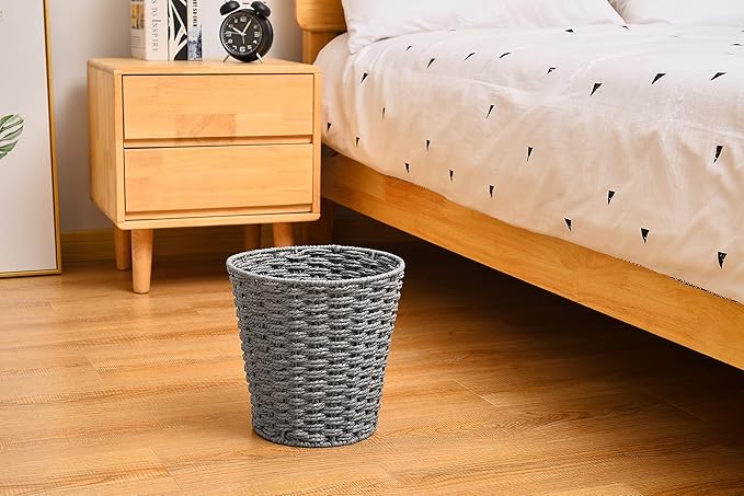 Zuvo Round Wicker Waste Basket Paper Bin - Wicker Trash Basket - Woven Trash Can Rubbish Basket for Bedroom Bathroom Offices or Home (Grey)