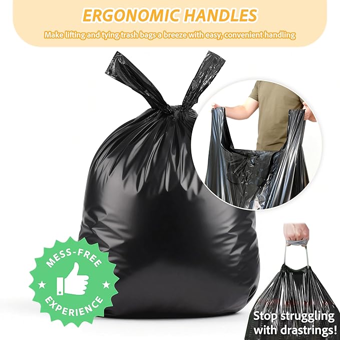 TREWAVE 100 Count 55-60 Gallon Trash Bags with Handles Heavy-Duty Thick Large Black Garbage Bags 50 Mic Jumbo Size Plastic T Shirt Bag for Outdoor Yard Construction Industrial and Commercial Use
