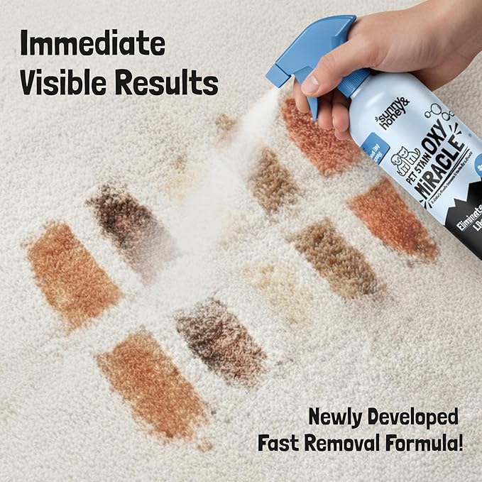 Sunny &amp Honey Oxy Pet Stain and Surface Odor Remover - Fast Acting Carpet Cleaner Spray to Eliminate Dog Pee Vomit and Stubborn Stains - Unscented 32oz