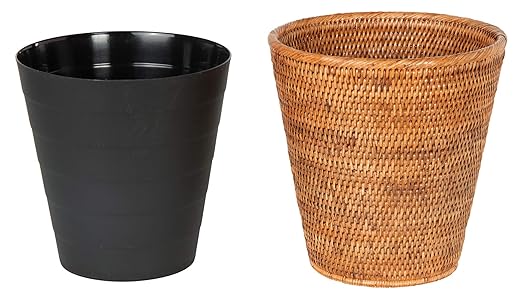 Mekomy KOUBOO La Jolla Rattan Wastebasket with Plastic Insert Handmade Trash Can Small Wastebasket Bedroom Bathroom Vanity RV Dorm Honey Brown
