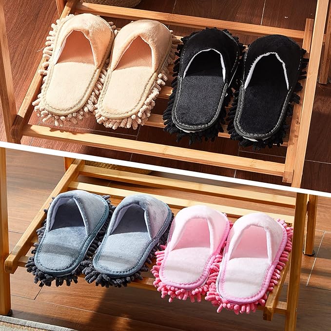 Jecery 4 Pair Washable Microfiber Mop Slippers Detachable Dusting Shoes for Floor Cleaning Office &amp Home Use Suitable for Women &amp Men(Black Beige Pink GrayM Size)