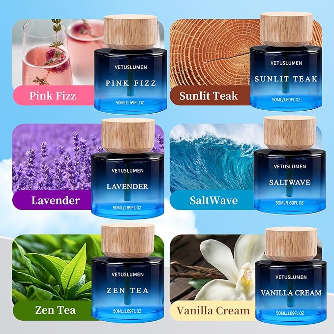 6 Pack Car Air Freshener 50ml (1.7fl oz) / Each Large Capacity Air Freshener Diffuser Set Natural Essential Oil Fragrance Aromatherapy Long-Lasting Scent for Car Cup Holder Accessories