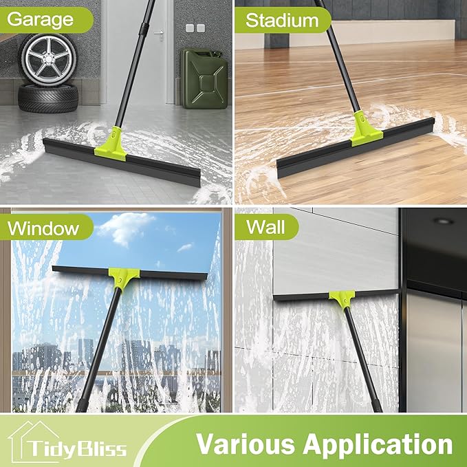 Floor Squeegee Heavy Duty 24” Rubber Foam Water Scraper Broom Epoxy Wiper Mop with 62 inches Long Handle for Cleaning Concrete Pool Rug Garage Deck Shower Window Outdoor Indoor (Green)