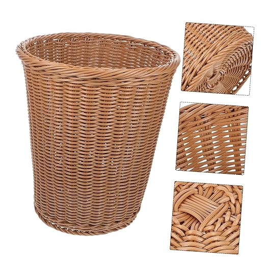 Rust-Resistant Iron Trash Can Woven Rattan Imitation Wastebasket Decorative Round Waste Bin for Office Home and Bedroom Handcrafted Design No Lid