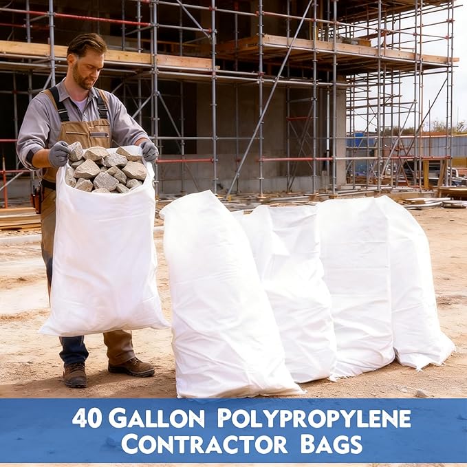 Windyun 40 Pieces Heavy Duty Contractor Bags Bulk 40 Gallon Woven Polypropylene Contractor Garbage Bags White Polypropylene Trash Bag for Construction Demolition Home Renovation Supplies