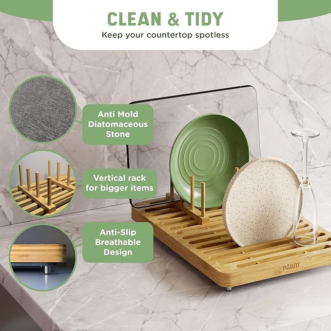 NIUM Stone Drying Mat for Kitchen Counter &amp Bamboo Rack - 16″x12″ - Diatomaceous Earth Dish drying mat Ultra Absorbent &amp Fast Drying - EcoFriendly with Non-Slip Pads &amp Anti-Moisture Design