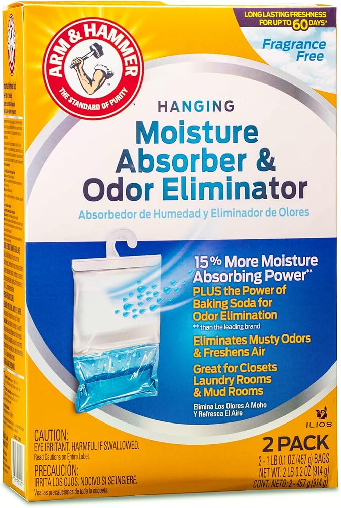 Hammer Hanging Moisture Absorbers and Odor Eliminator - 1 Fragrance Free &amp 1 Clean Burst - Humidity Packs Traps Moisture - Fresher Air - Humidity Absorber Dehumidifier Bags - 2 Pack Packed by ILI