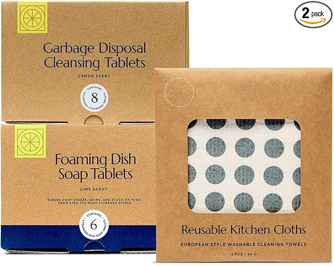 CLEANOMIC Garbage Disposal Cleaner Foaming Dish Soap &amp Reusable Kitchen Cloth Bundle