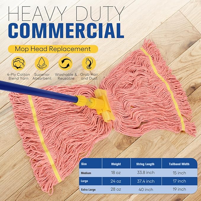 Matthew Cleaning Commercial Mop Head Replacement 5 Inch Wide Headband Looped End Cotton Blend String Wet Mops for Floor Cleaning 24 oz Large 6-Pack Orange