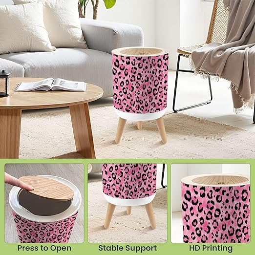 Bathroom Trash Can with Lid Pink Leopard Print Black Spots Watercolor Garbage Bin Waste Basket for Kitchen Office Bedroom Decoration Diaper Pail 1.8 Gallon