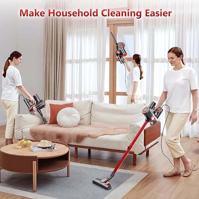 Corded Stick Vacuum Cleaner 25Kpa Powerful Stick Vacuum 2 in 1 Vacuum Cleaners1.2 L Dust Cup Corded Handheld Vacuum Pet for Hair Short-Pile Carpet Hardfloor (Red)