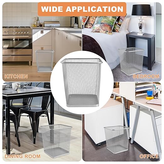 Metal Office Trash Can Small Square Silver Iron Mesh Waste Basket Bottom Paper Bin for Bathroom Bedroom Kitchen Living Storage