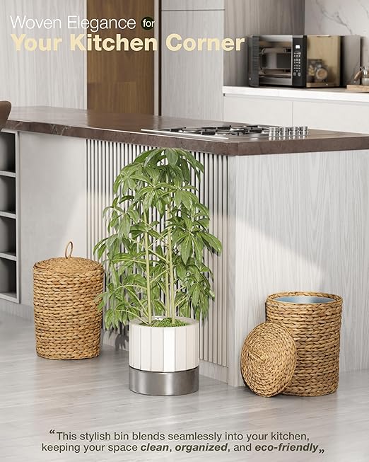 BLUEWEST 3 Gallons Wicker Trash Can with LidHandwoven Rattan Trash Can Woven Decorative Wastebasket Wicker Waste Basket with Removable Plastic Inner Bin for Bathroom Bedroom Office or Kitchen