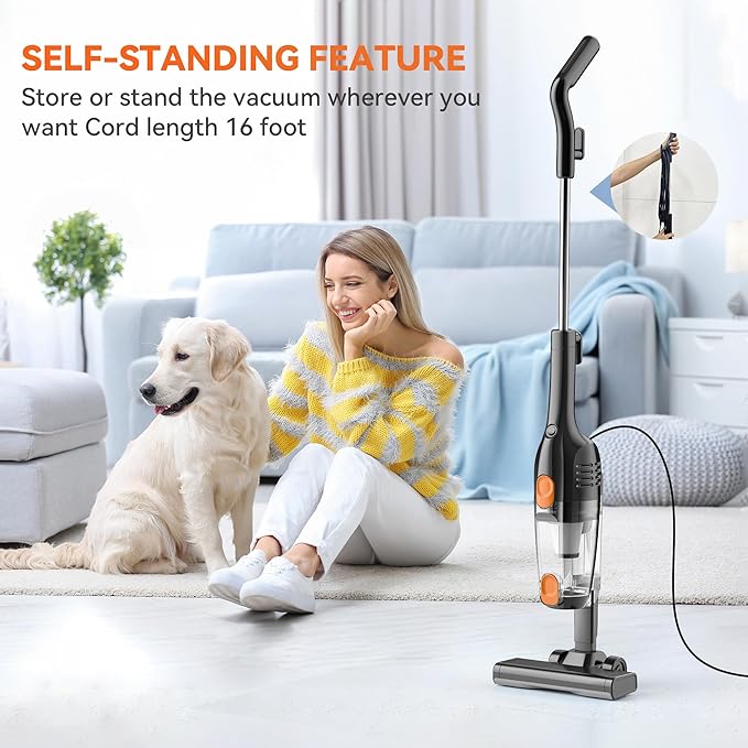 Vazone R6X Corded Stick Vacuum Cleaners for Home 20Kpa Powerful Suction Stick Vacuum with 16Ft Cord 2 in 1 Lightweight Handheld Vacuum Cleaner for Hardwood Floor Pet Hair