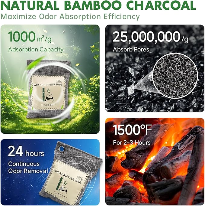 Activated Charcoal Odor Eliminator for Strong Odors 100% Bamboo Charcoal Bags Natural Odor Absorber for Home Car Closet and Pet Areas Natural Freshener (100g*10 Pack)