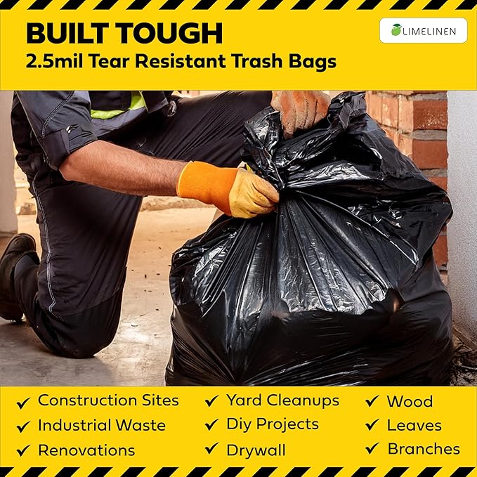 Lime Linen 60 Gallon Heavy Duty Contractor Xl Black Garbage Bags | Industrial Construction &amp Yard Waste | Tear Resistant | 40 Pack Extra Thick 2.5 Mil Tie Bags Interleaved On Roll Secure Closu