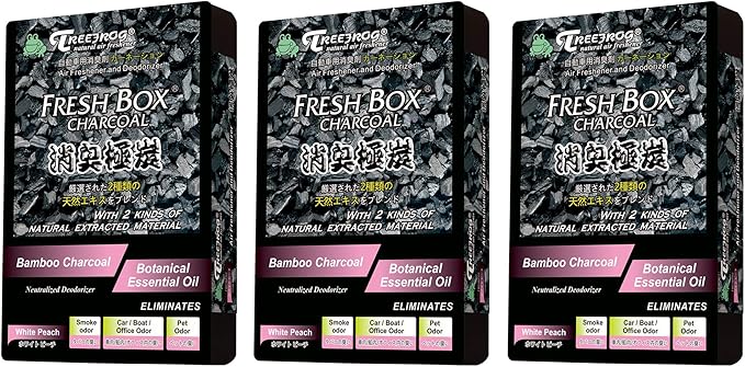 Treefrog Xtreme Fresh Box Charcoal White Peach Scent 3-Pack Car Air Freshener Deodorizer and Neutralizer air Plus Smelling Great Black Bamboo Charcoal Generously Large Size 200g.